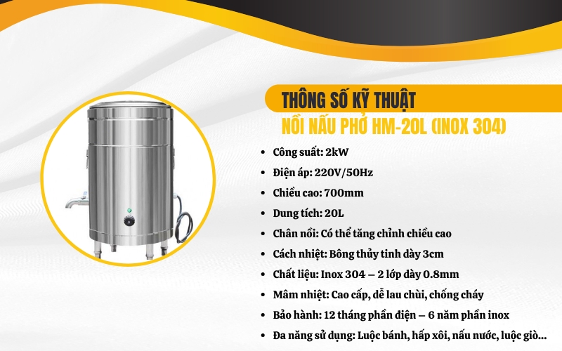 Thông số kỹ thuật của nồi nấu phở HM-20L (inox 304)