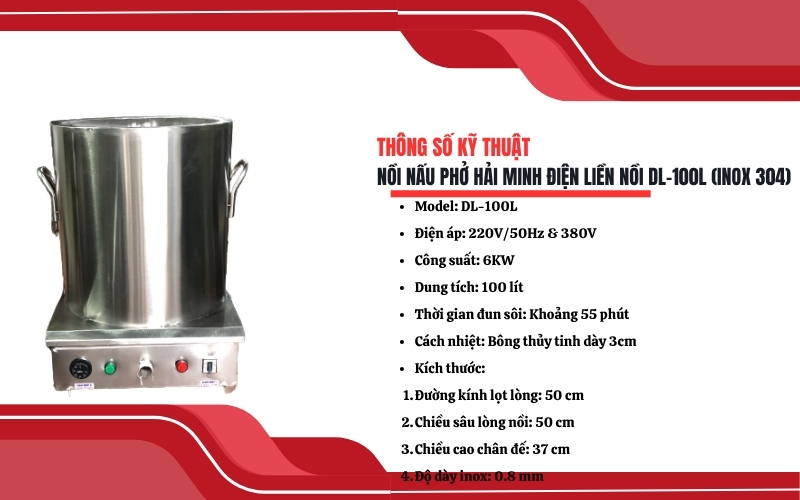 Thông số kỹ thuật của nồi nấu phở điện DL-100L (inox 304)