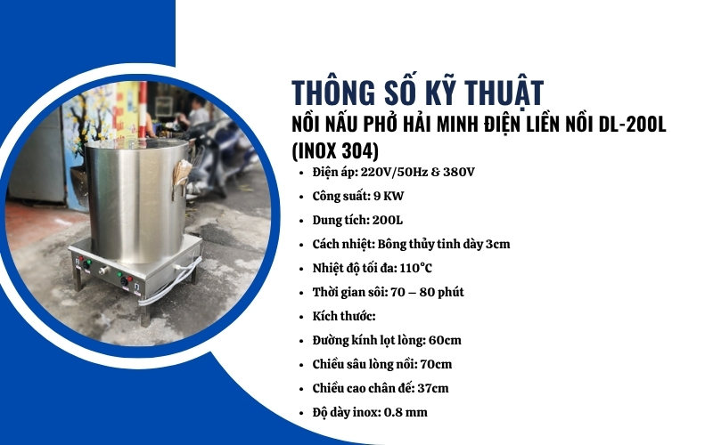 Thông số kỹ thuật của nồi nấu phở điện liền nồi DL-200L
