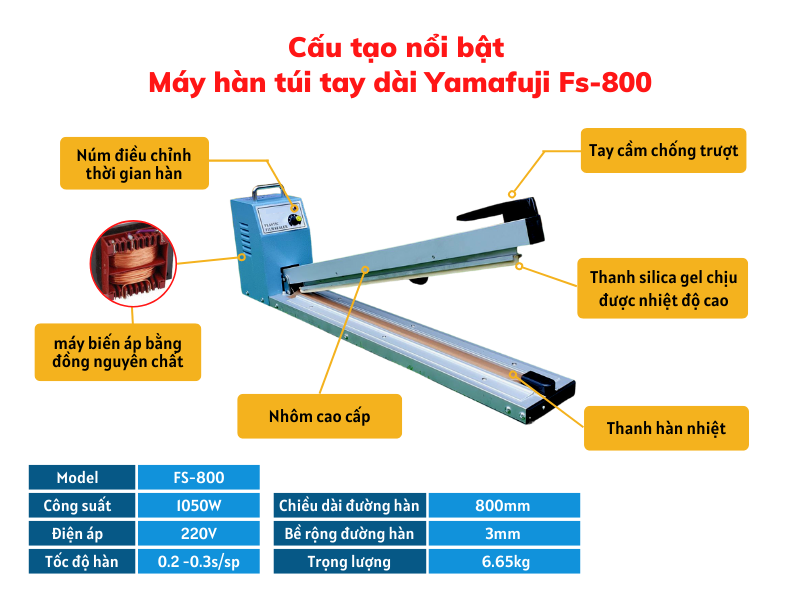 Thông số kỹ thuật của máy hàn túi tay dài Yamafuji FS-800