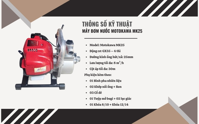 Thông số kỹ thuật của máy bơm nước Motokawa MK25