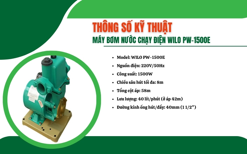 Thông số kỹ thuật của máy bơm nước WILO PW-1500E