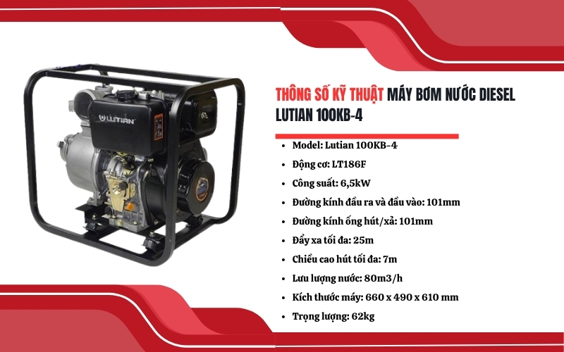 Thông số kỹ thuật của Máy bơm nước Diesel Lutian 100KB-4
