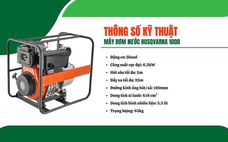 Thông số kỹ thuật của máy bơm nước Husqvarna 100D