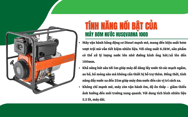 Tính năng nổi bật của máy bơm nước Husqvarna 100D