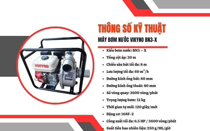Thông số kỹ thuật của máy bơm nước Vikyno BN3-X