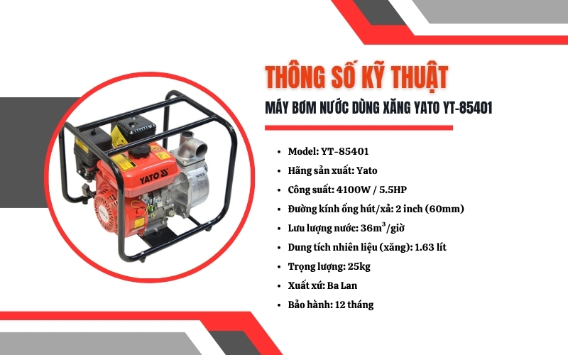 Thông số kỹ thuật của máy bơm nước Yato YT-85401