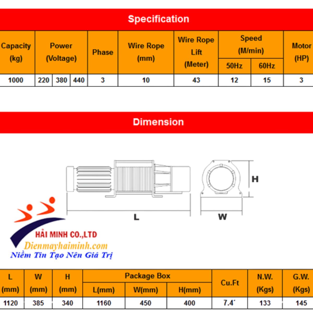 Thông số kỹ thuật máy tời điệnSTRONG DU-215