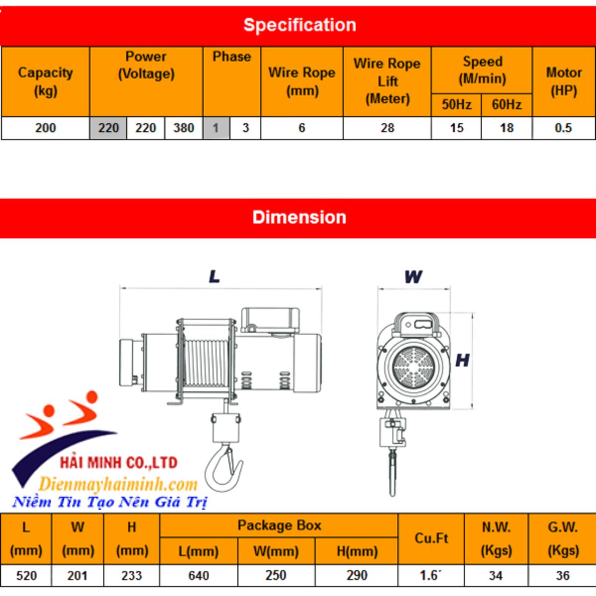 Thông số kỹ thuật tời cáp mặt đất STRONG DU-202