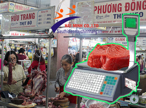 cân điện tử in tem cho cửa hàng thịt trong chợ