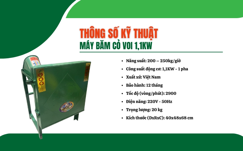 Thông số kỹ thuật của máy băm cỏ voi 1,1KW