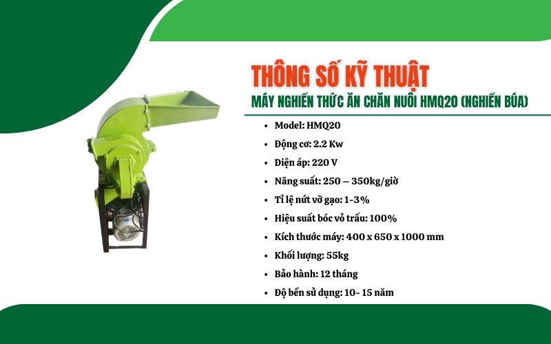 Thông số kỹ thuật của máy nghiền thức ăn chăn nuôi HMQ20 (Nghiền búa)