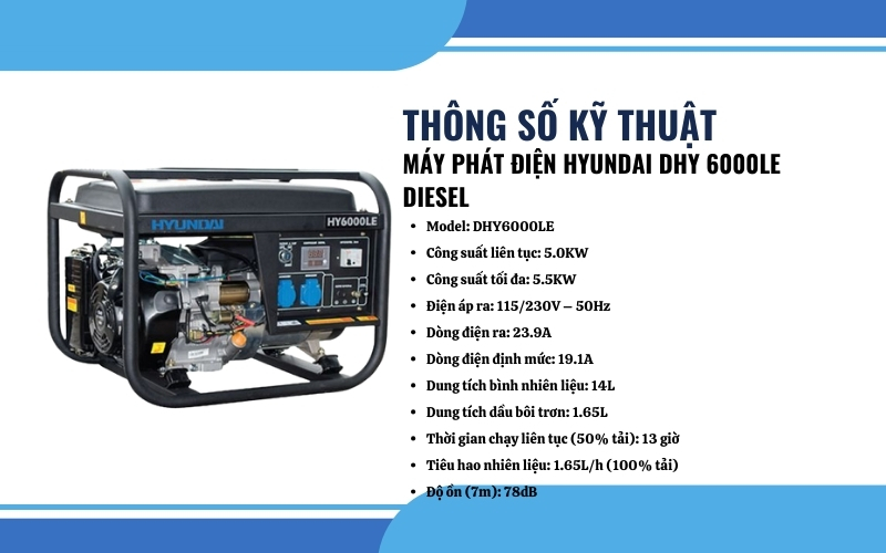 Thông số kỹ thuật của Máy phát điện Hyundai DHY 6000LE Diesel
