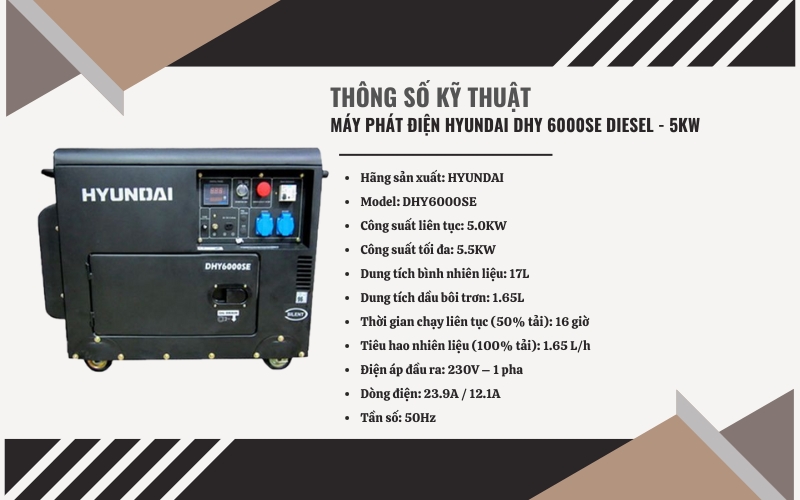 Thông số kỹ thuật của Máy phát điện HYUNDAI DHY 6000SE Diesel
