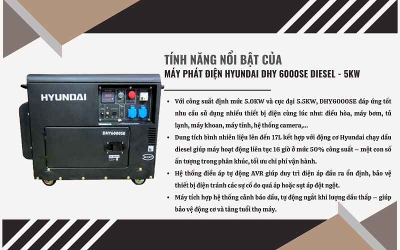 Tính năng nổi bật của Máy phát điện HYUNDAI DHY 6000SE Diesel