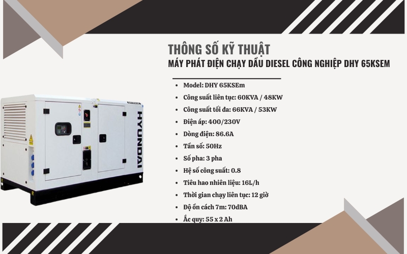 Thông số kỹ thuật của Máy phát điện Diesel công nghiệp Hyundai DHY 65KSEm