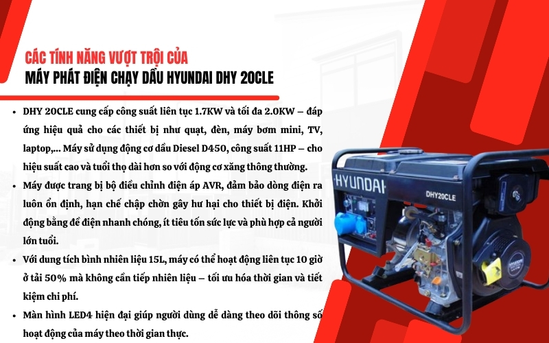 Tính năng nổi bật của Máy phát điện chạy dầu Hyundai DHY 20CLE