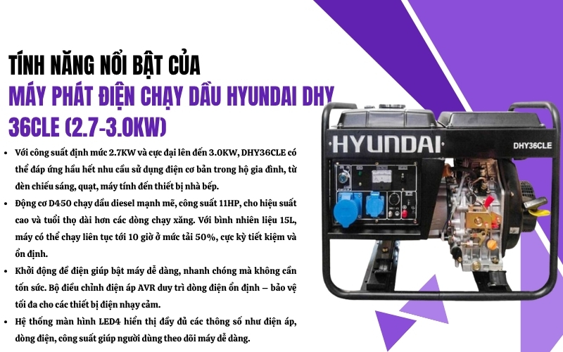 Tính năng nổi bật của Máy phát điện chạy dầu Hyundai DHY36CLE