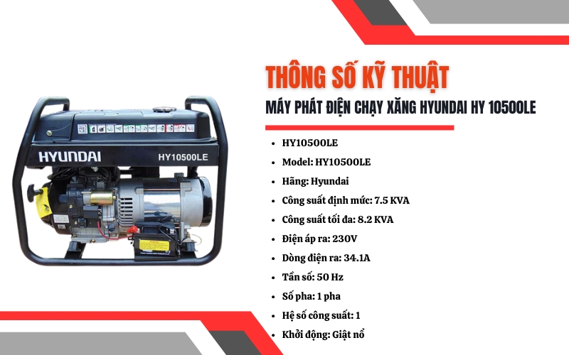Thông số kỹ thuật của Máy phát điện chạy xăng Hyundai HY10500LE
