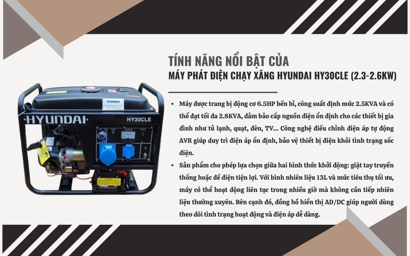 Tính năng nổi bật của Máy phát điện chạy xăng Hyundai HY30CLE