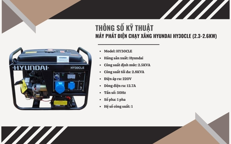 Thông số kỹ thuật của Máy phát điện chạy xăng Hyundai HY30CLE