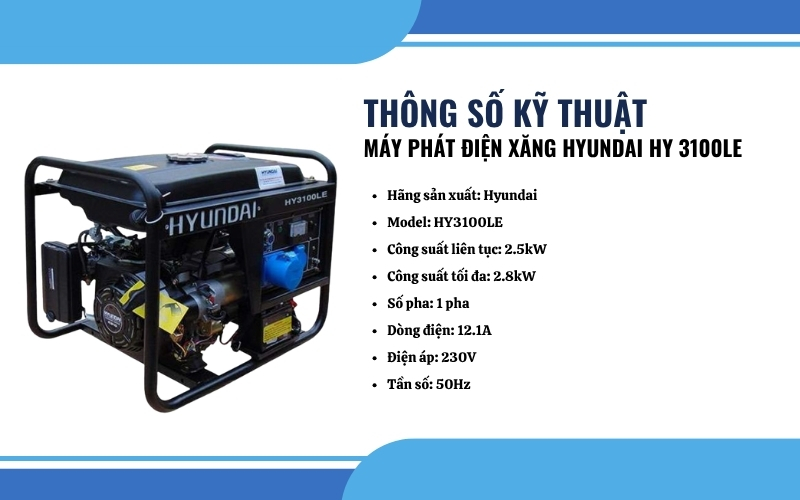Thông số kỹ thuật của Máy phát điện xăng HYUNDAI HY 3100LE