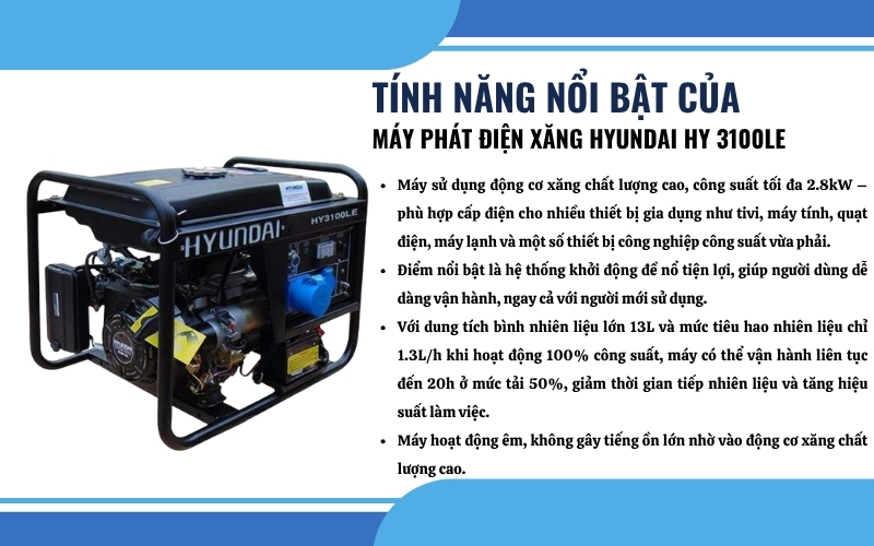 Tính năng nổi bật của Máy phát điện xăng HYUNDAI HY 3100LE