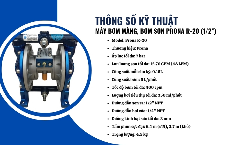 Thông số kỹ thuật của máy bơm màng Prona R-20 (1/2”)