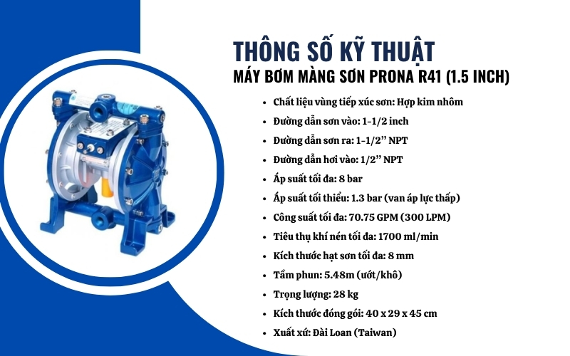 Thông số kỹ thuật của Máy bơm màng sơn Prona R41 (1.5 inch)