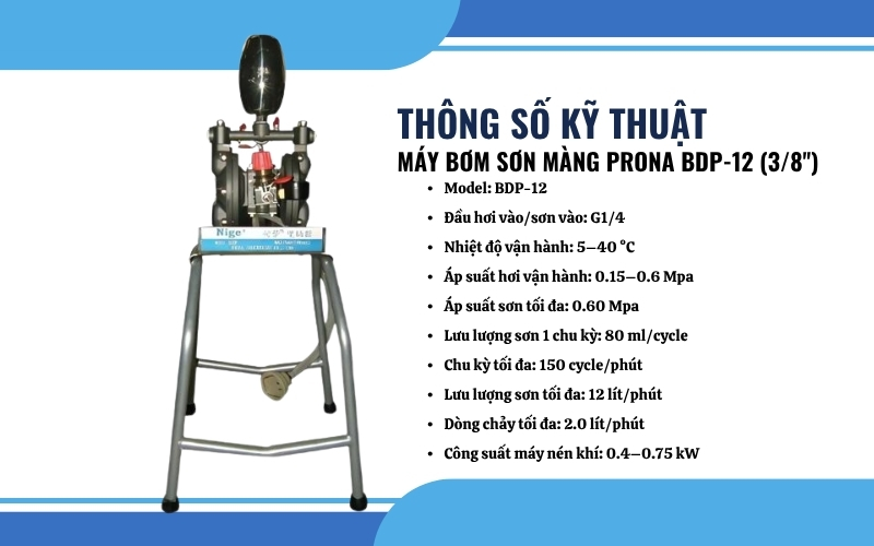 Thông số kỹ thuật của máy bơm sơn màng Prona BDP-12 (3/8'')