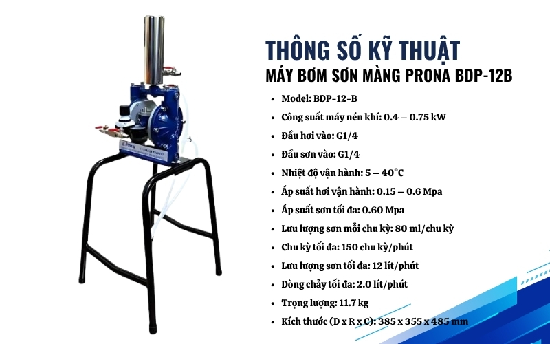 Thông số kỹ thuật của máy bơm sơn màng Prona BDP-12B