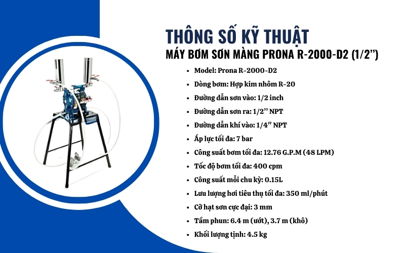 Thông số kỹ thuật của máy bơm sơn màng Prona R-2000-D2