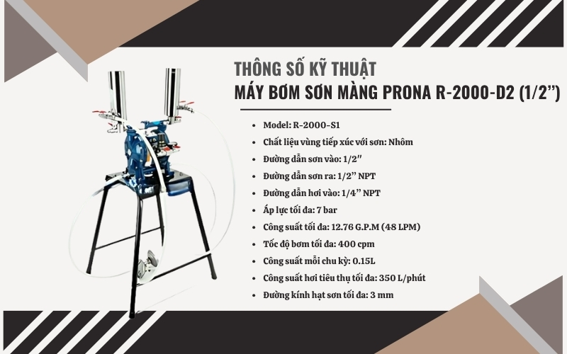 Thông số kỹ thuật của máy bơm sơn màng Prona R-2000- S1 (1/2’’)