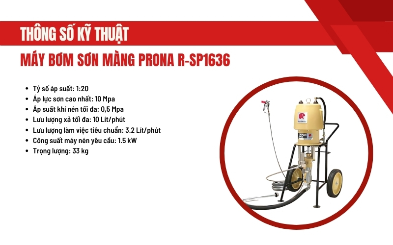 Thông số kỹ thuật của máy bơm sơn màng Prona R-SP1636