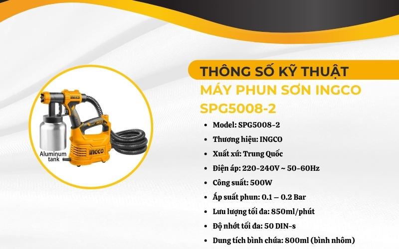 Thông số kỹ thuật của máy phun sơn Ingco SPG5008-2
