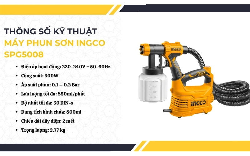 Thông số kỹ thuật của máy phun sơn Ingco SPG5008
