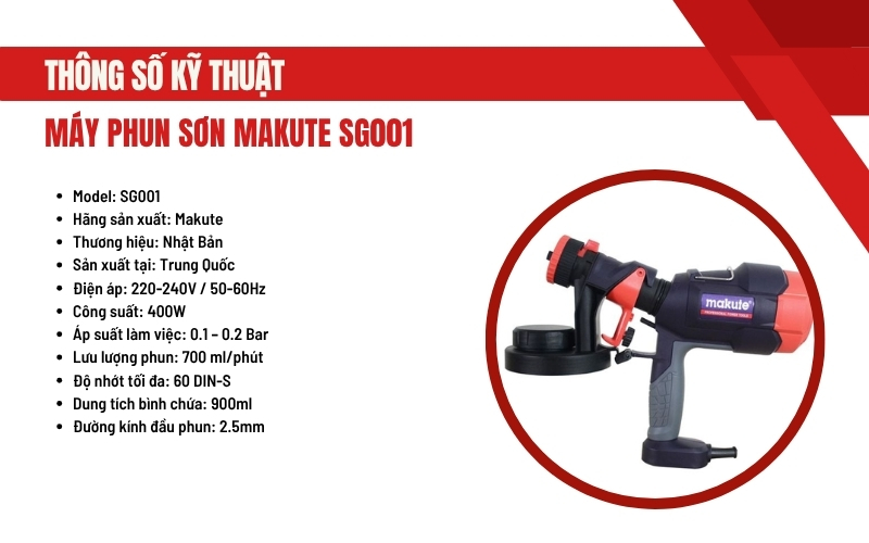 Thông số kỹ thuật của máy phun sơn Makute SG001