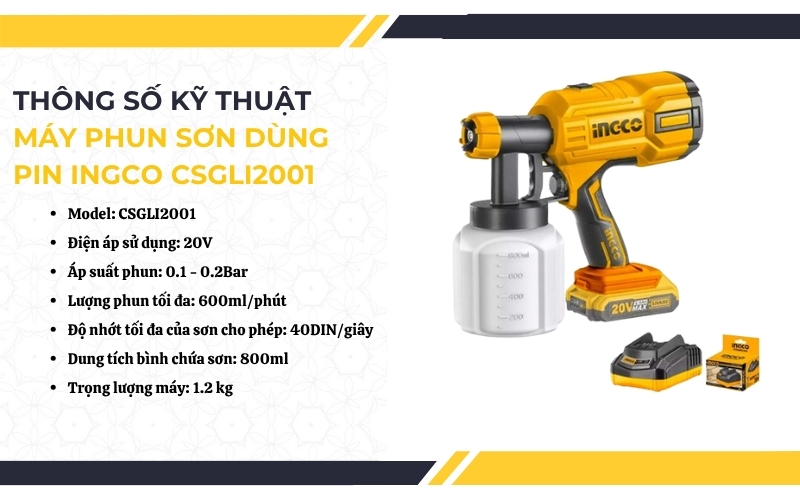 Thông số kỹ thuật của Máy phun sơn dùng pin Ingco CSGLI2001