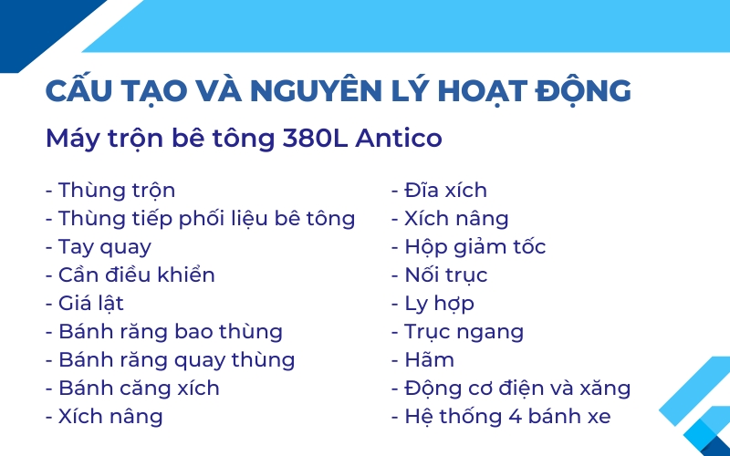 Cấu tạo và nguyên lý hoạt động của Máy trộn bê tông 380L Antico