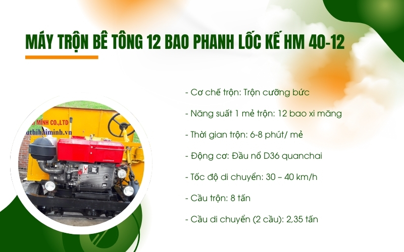 Máy trộn bê tông 12 bao phanh lốc kế HM 40-12