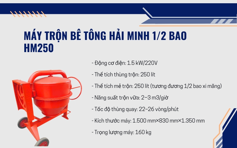 Máy trộn bê tông Hải Minh 1/2 bao HM250