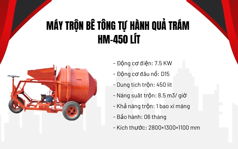 Máy trộn bê tông tự hành quả trám HM-450 lít