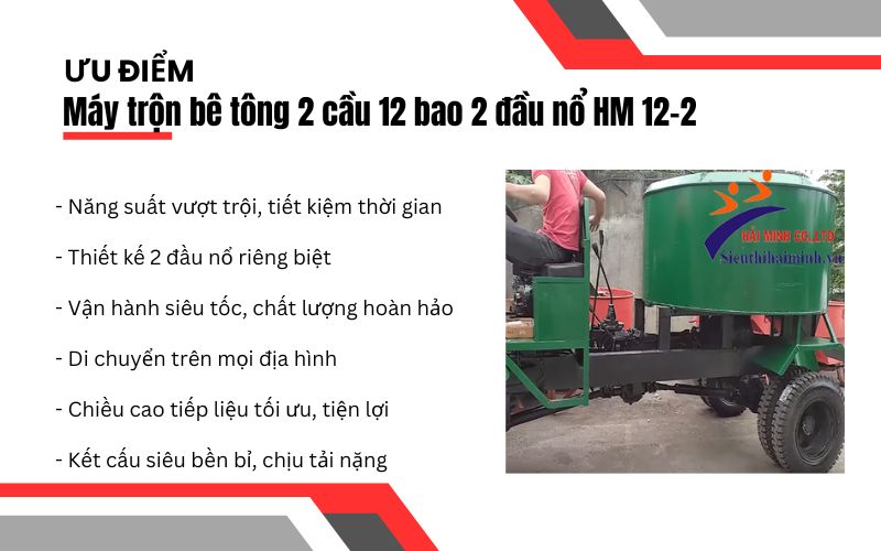 Ưu điểm của máy trộn bê tông 2 cầu 12 bao 2 đầu nổ HM 12-2