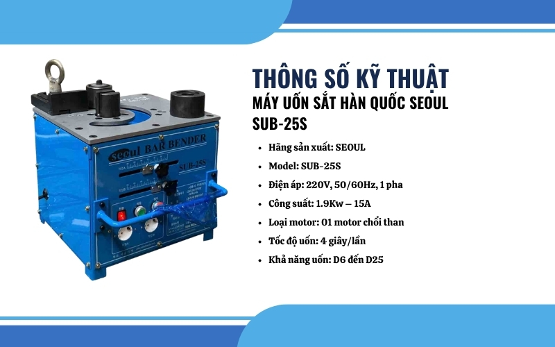 Thông số kỹ thuật của máy uốn sắt Hàn Quốc SEOUL SUB-25S