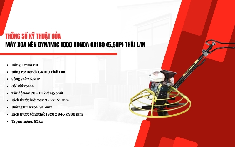 Thông số kỹ thuật của Máy xoa nền DYNAMIC 1000 HONDA GX160 (5,5HP)