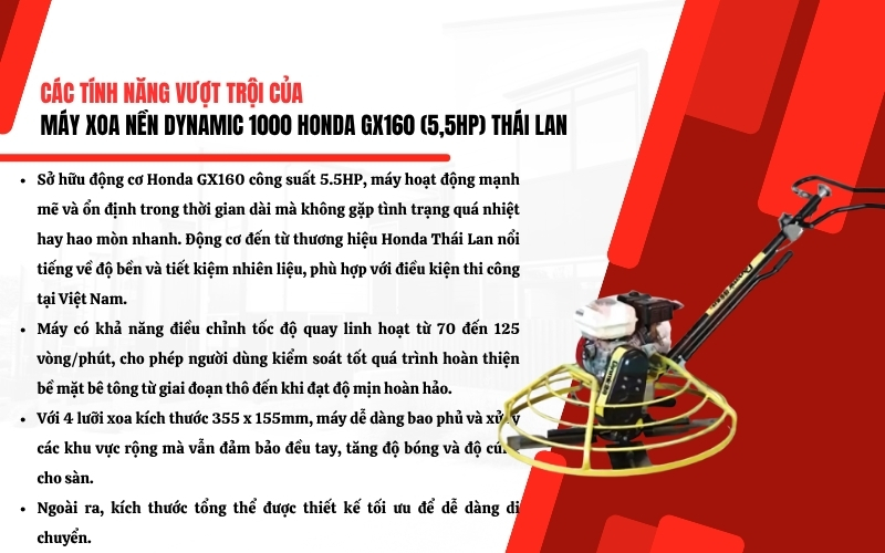 Tính năng nổi bật của Máy xoa nền DYNAMIC 1000 HONDA GX160 (5,5HP)