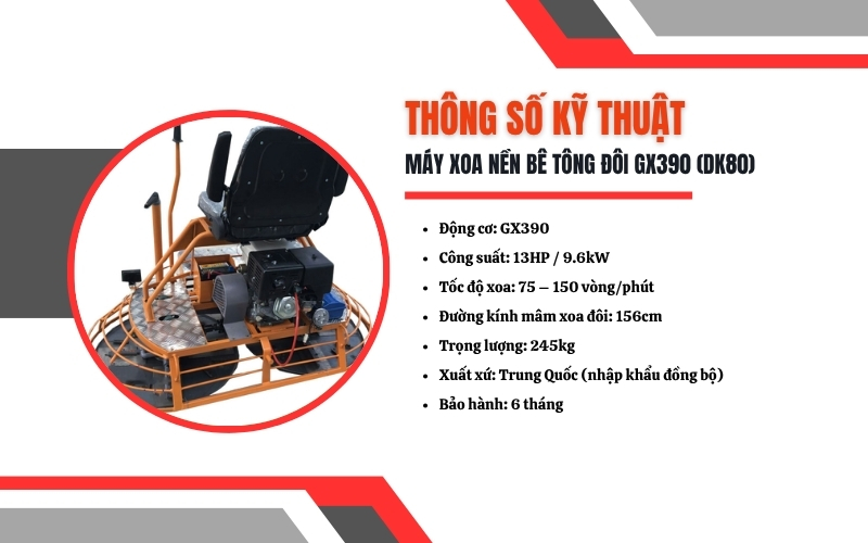 Thông số kỹ thuật của Máy xoa nền bê tông đôi GX390 (DK80)