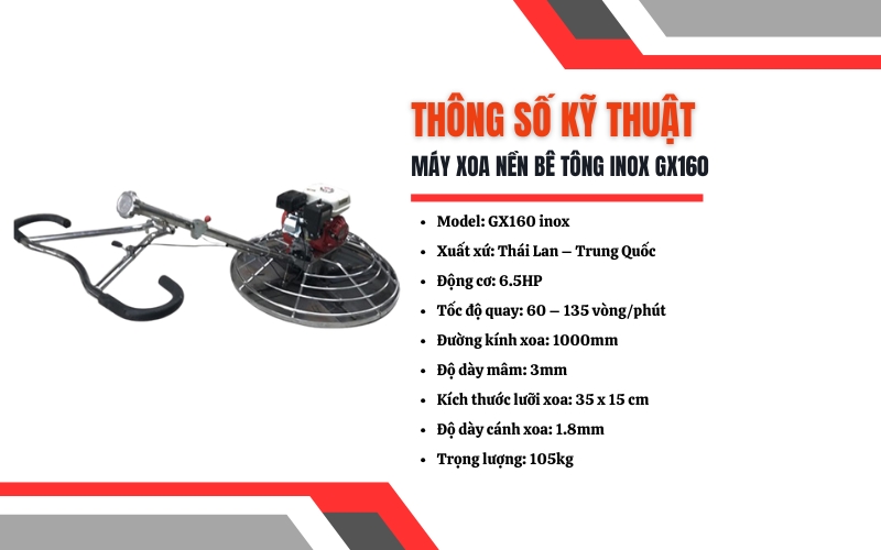 Thông số kỹ thuật của Máy xoa nền bê tông inox GX160