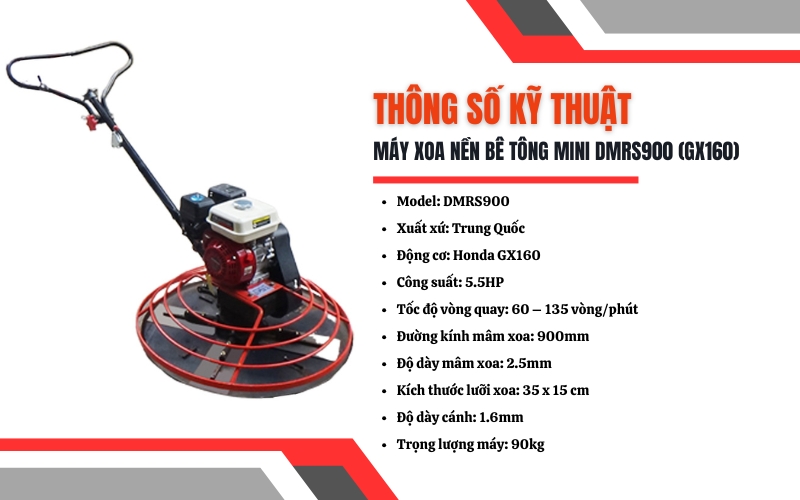 Thông số kỹ thuật của Máy xoa nền bê tông mini DMRS900 (GX160)