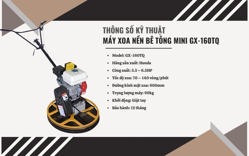 Thông số kỹ thuật của Máy xoa nền bê tông mini GX-160TQ